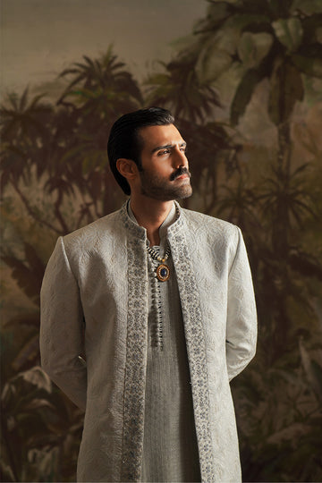 "Alyan" Ice Grey Embroidered Sherwani